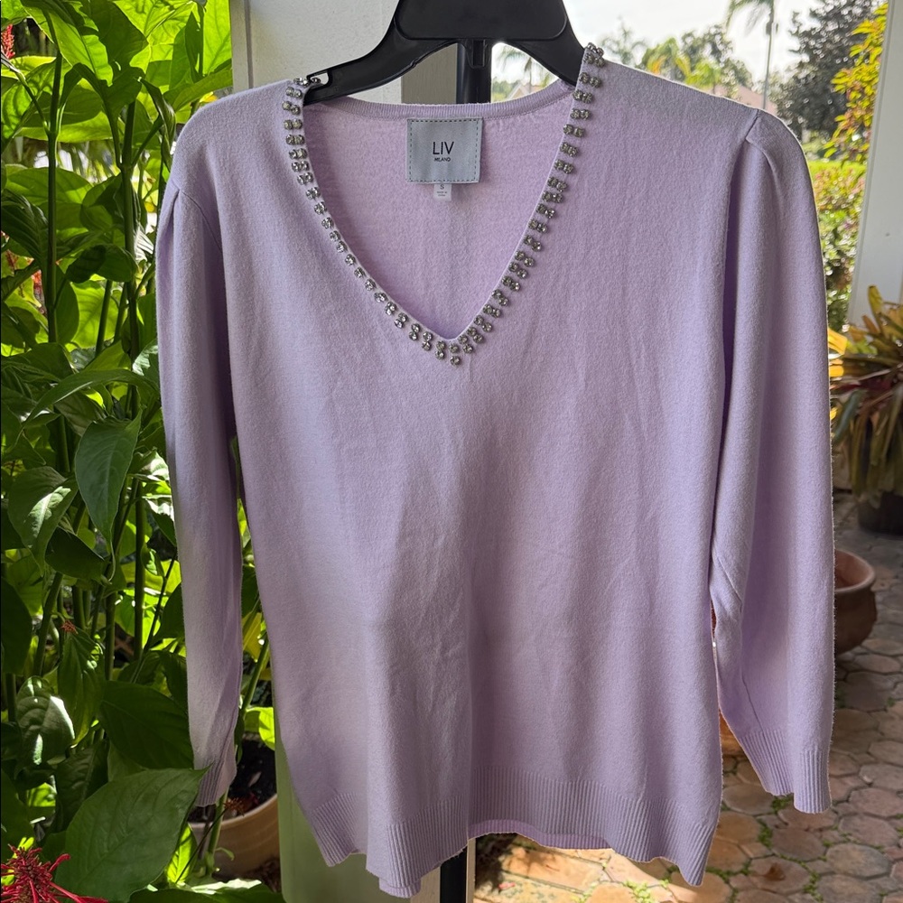 LIV Women's Lavender V-Neck Sweater with Beaded Neckline